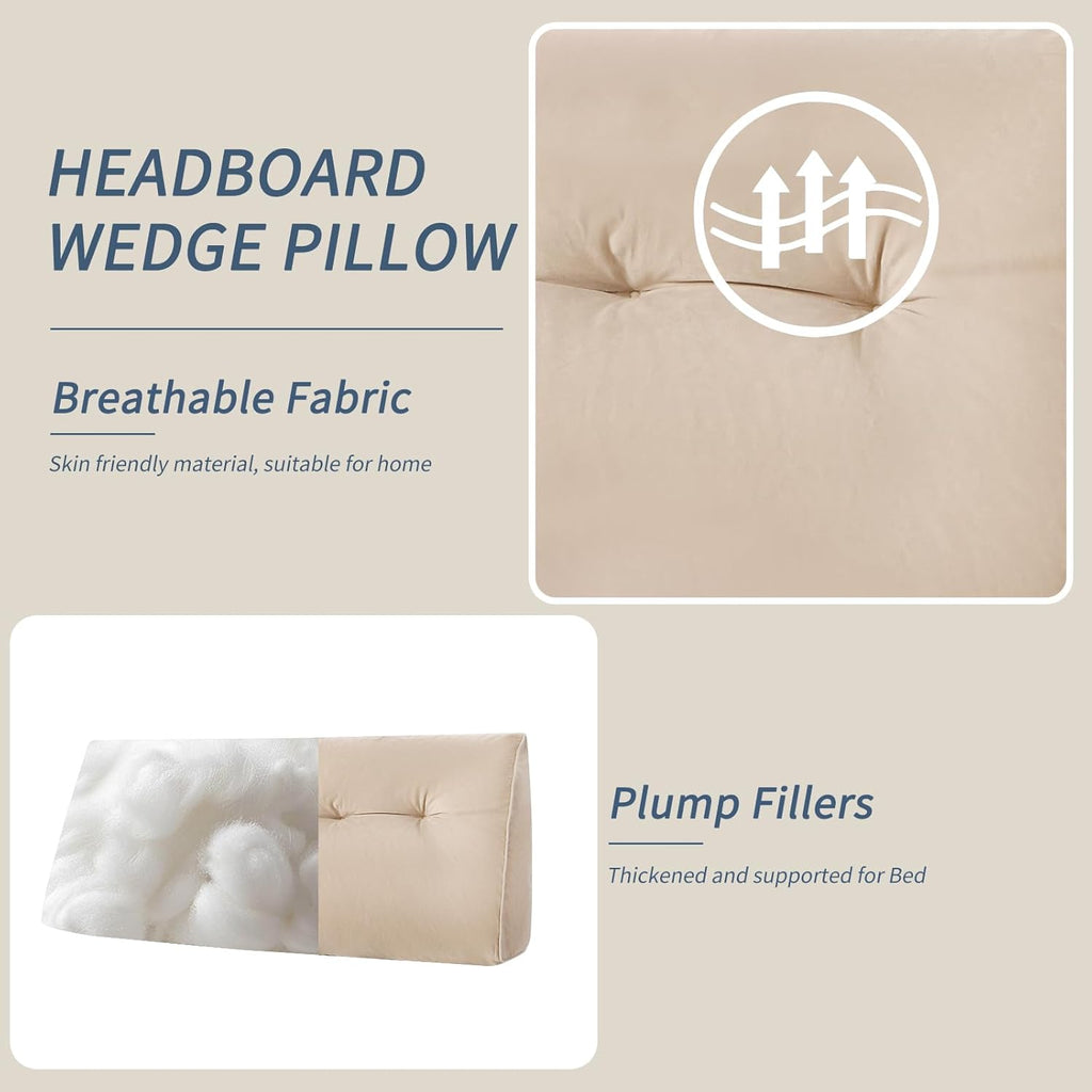 Headboard Wedge Pillows Full, Ergonomic Bed Triangular Headboard Pillow, Thickened Backrest Cushion for Reading in Dorm Bed Sofa, Beige, 54in