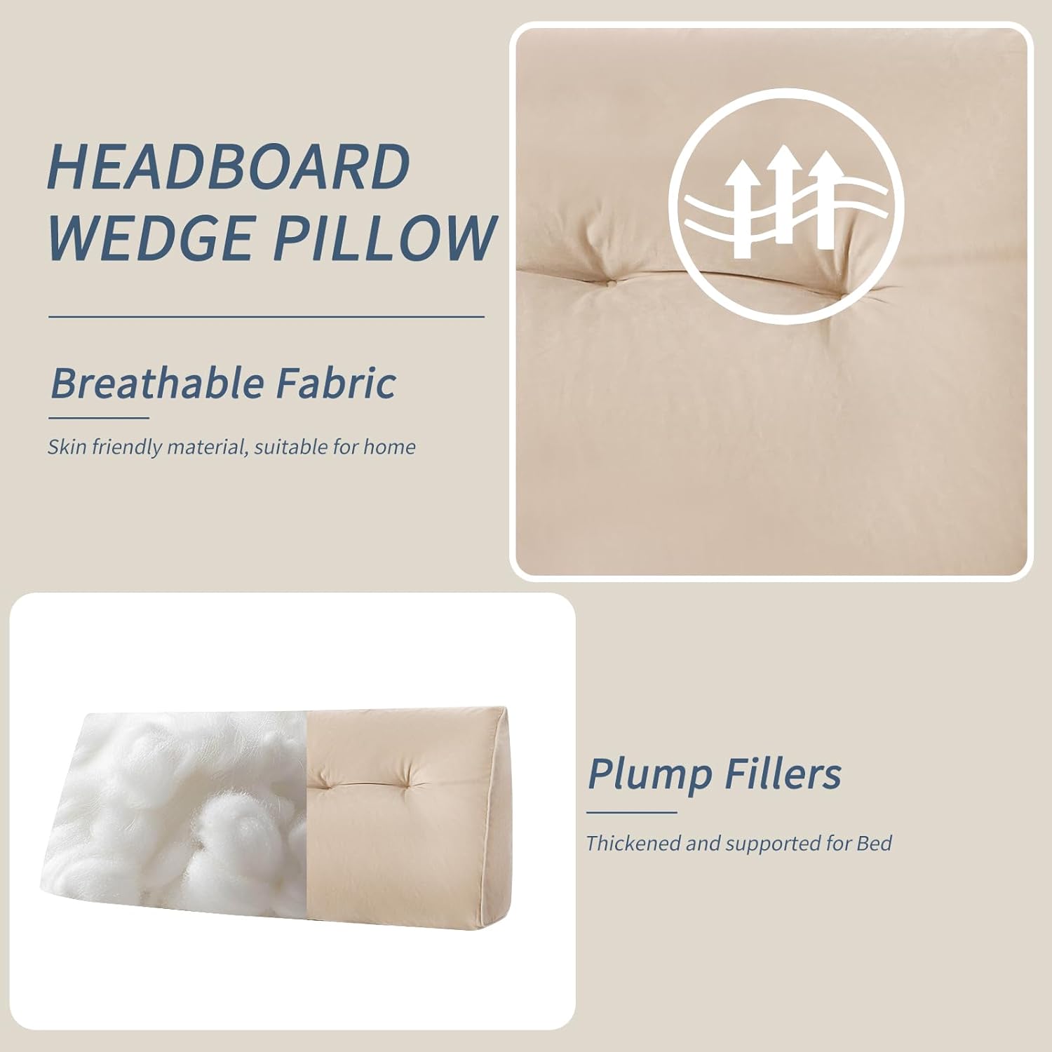 Headboard Wedge Pillows Full, Ergonomic Bed Triangular Headboard Pillow, Thickened Backrest Cushion for Reading in Dorm Bed Sofa, Beige, 54in