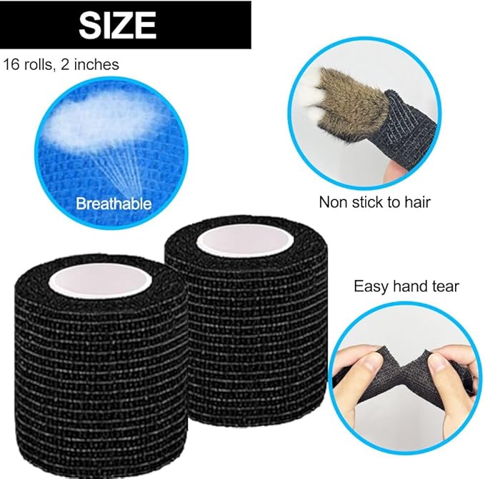16 Pack Self Adhesive Bandage Wrap, 2" X 5 Yards Black Elastic Cohesive Bandage Wrap for Sports, Wrist, Ankle and Vet Wrap, Grip Tape