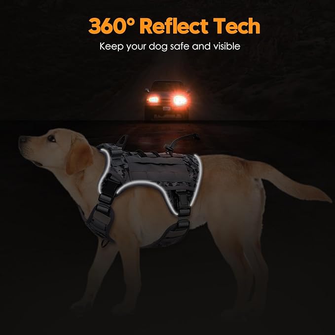 Heavy-Duty Tactical Dog Harness for Large Dogs, No Pull Adjustable Reflective Pet Vest with Molle System, K9 Military-Grade Control for Service Training, Outdoor & 10+ Breeds, Gray Camo, XX-Large