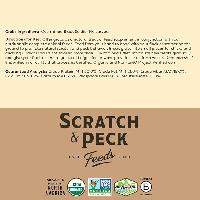 Scratch and Peck Grubs for Chickens and Ducks - 20 oz Bag - Sustainably Sourced - Naturally High Protein, Calcium Dense - Dried Black Soldier Fly Larvae Bird Treats