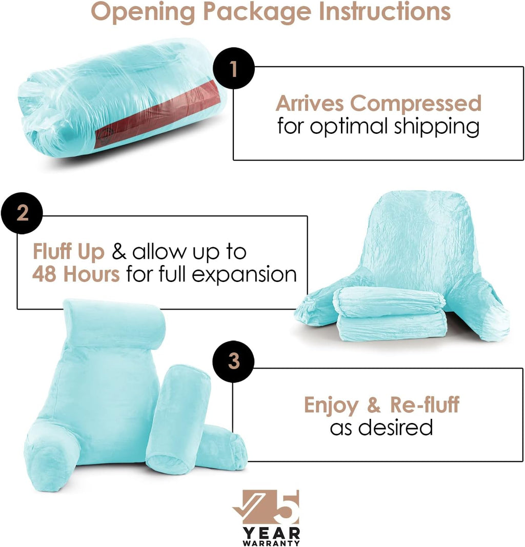 Nestl Reading Pillow with Shredded Memory Foam Includes 2 Neck and Lumber Support Pillows, Designed for Sitting Up in Bed and Couch, Back and Arms Adjustable Support for Adult & Teens, Light Blue