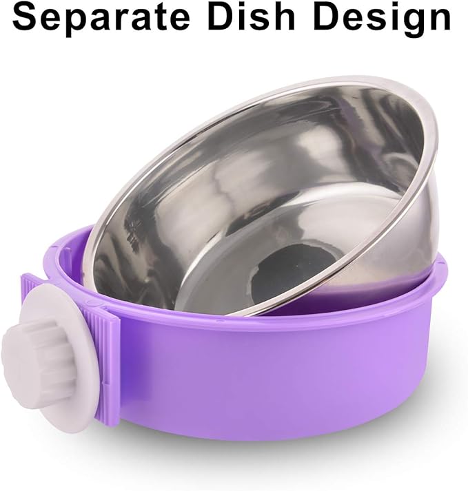 Crate Dog Bowl Removable Stainless Steel Water Food Feeder Bowls Cage Coop Cup for Cat Puppy Bird Pets (Large, Purple)