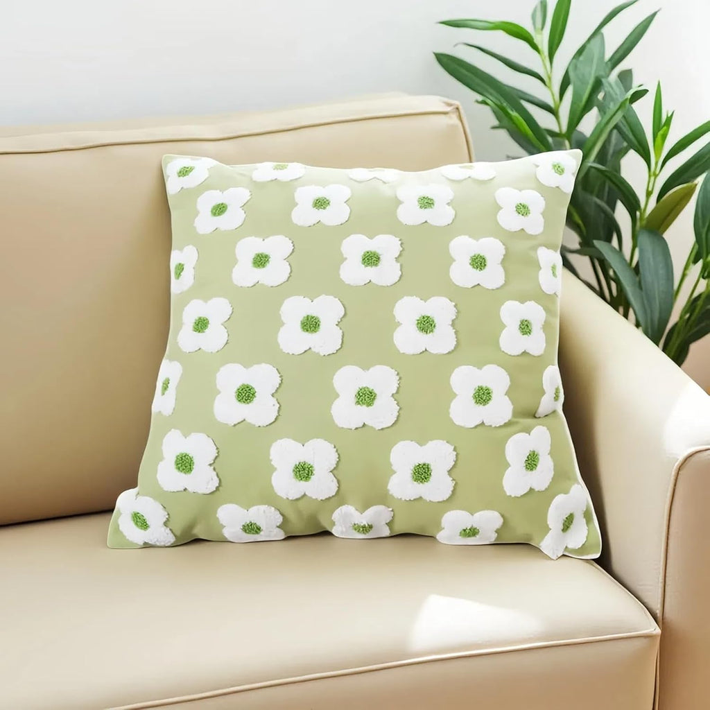 DECOBIRD Embroidery Throw Pillow Cover 18x18 Light Green Floral Design Home Decor Loop Embroidered Pillow Case Thick Cotton Canvas Square Cushion Cover for Couch 45x45cm, 4 Petal Flowers 1 Piece