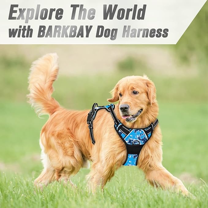 BARKBAY No Pull Dog Harness Front Clip Heavy Duty Reflective Easy Control Handle for Large Dog Walking(Blue camo,L)