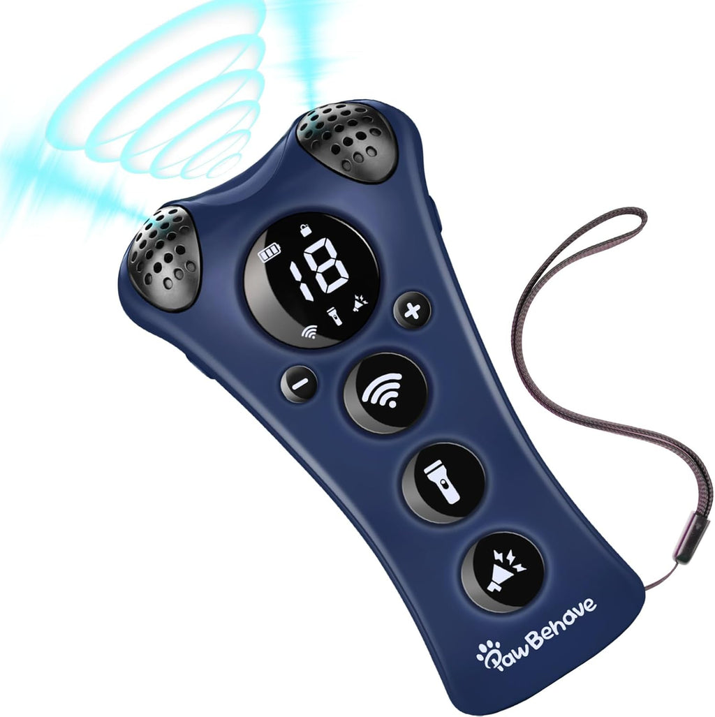 Adjustable Ultrasonic Dog Trainer–World's First Variable Frequency Pet Behavior Corrector with 10 Level Ultra Sound, 18 Dog Whistles, Anti-Bark Flashlight, Safe and Humane Deterrent (Blue)