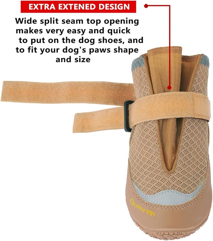 QUMY 4PCS Dog Boots for Large Dogs, Medium Dog Shoes & Paw Protectors for Hot Pavement, Summer Heat Protection, Mesh Breathable Nonslip Dog Booties for Hardfloors, Walking Running Hiking Khaki Size 4