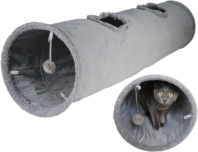 Cat Tunnel for Indoor Cats, 51×12 inch Foldable Big Cat Tunnel, Grey Suede Pet Tunnels with Two Peepholes and a Bubble Ball
