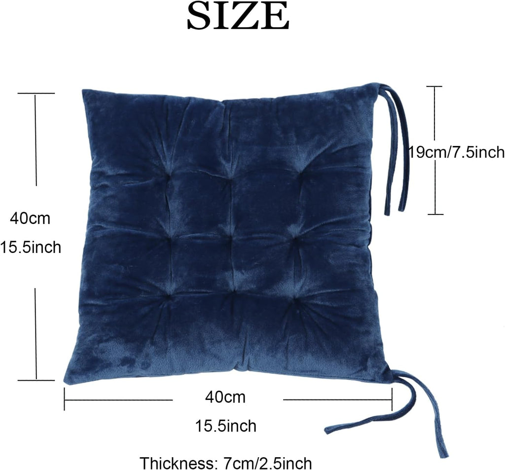 2 Pack Square Seat Cushion Chair Pads for Kitchen Dining Chairs, Soft Comfort Velvet Chair Mat Pillow Cushions with Ties for Office Desk Living Room Tatami 15.5", Blue