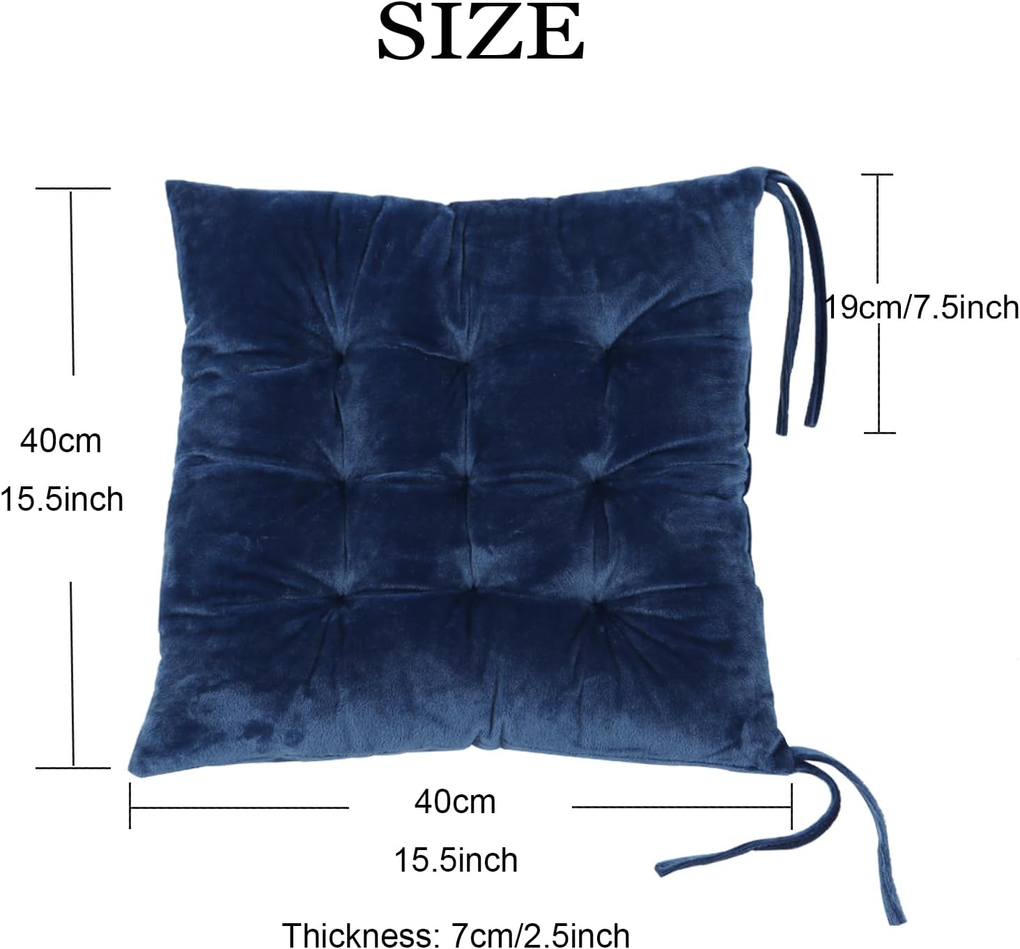 2 Pack Square Seat Cushion Chair Pads for Kitchen Dining Chairs, Soft Comfort Velvet Chair Mat Pillow Cushions with Ties for Office Desk Living Room Tatami 15.5", Blue