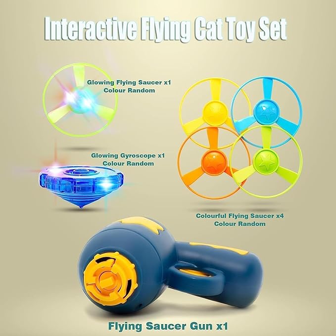 Flying Cat Toys, Interactive Cat Fetch Toy with 1 Light Up Spinning Tops, and 5 Flying Propellers, Flying dis Toy for Hunting Chasing Indoor/Outdoor