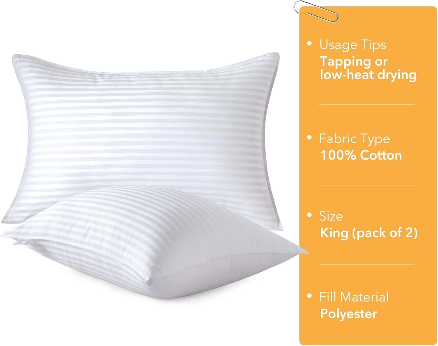 Oubonun King Size Pillows Set of 2 - Fluffy & Supportive Down Alternative Pillows with Zippered Cotton Cover - Breathable and Cool for All Sleeping Positions - Machine Washable - 20"x36"