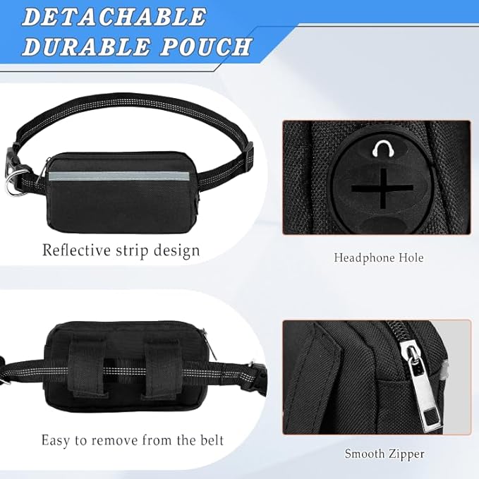 Hands Free Dog Leash with Zipper Pouch, Waist Dog Running Leash with Adjustable Waist Belt and Dual Handle, Reflective Bungee Hands Free Leash for Medium to Large Dogs (Black)