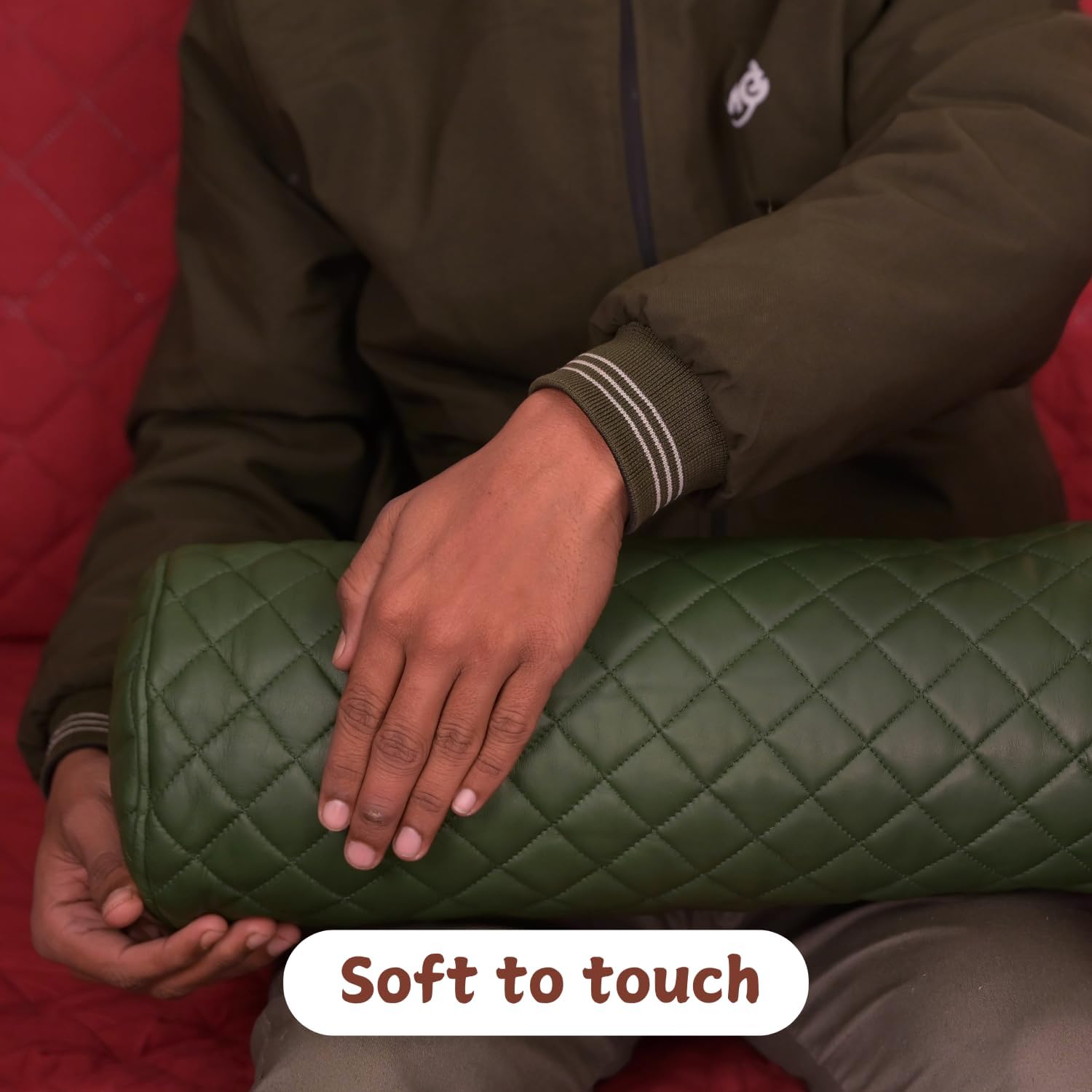 Neck Roll Pillow Cushion Cover, 16x5 Inch Full Moon Round Bolster Pillow Case, Cylinder Soft Lambskin Leather Pillowcase for Head, Spine & Neck Support During Sleep - Quilted Dark Green Pack of 1