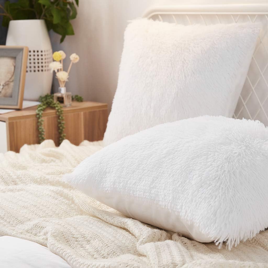Uhamho Set of 2 Faux Fur Throw Pillow Covers Soft Velvet Decorative Pillowcases Zipper Closure (White, 18" x 18")