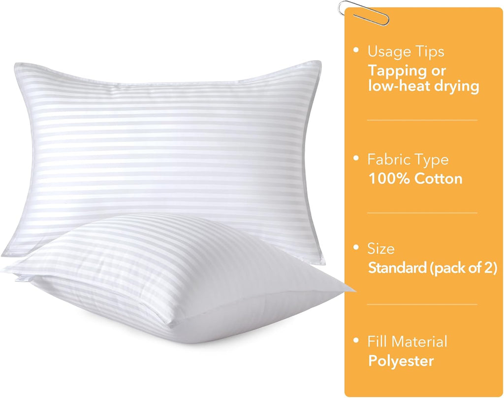 Oubonun Standard Size Pillows Set of 2 - Fluffy & Supportive Down Alternative Pillows with Zippered Cotton Cover - Breathable and Cool for All Sleeping Positions - Machine Washable - 20"x26"