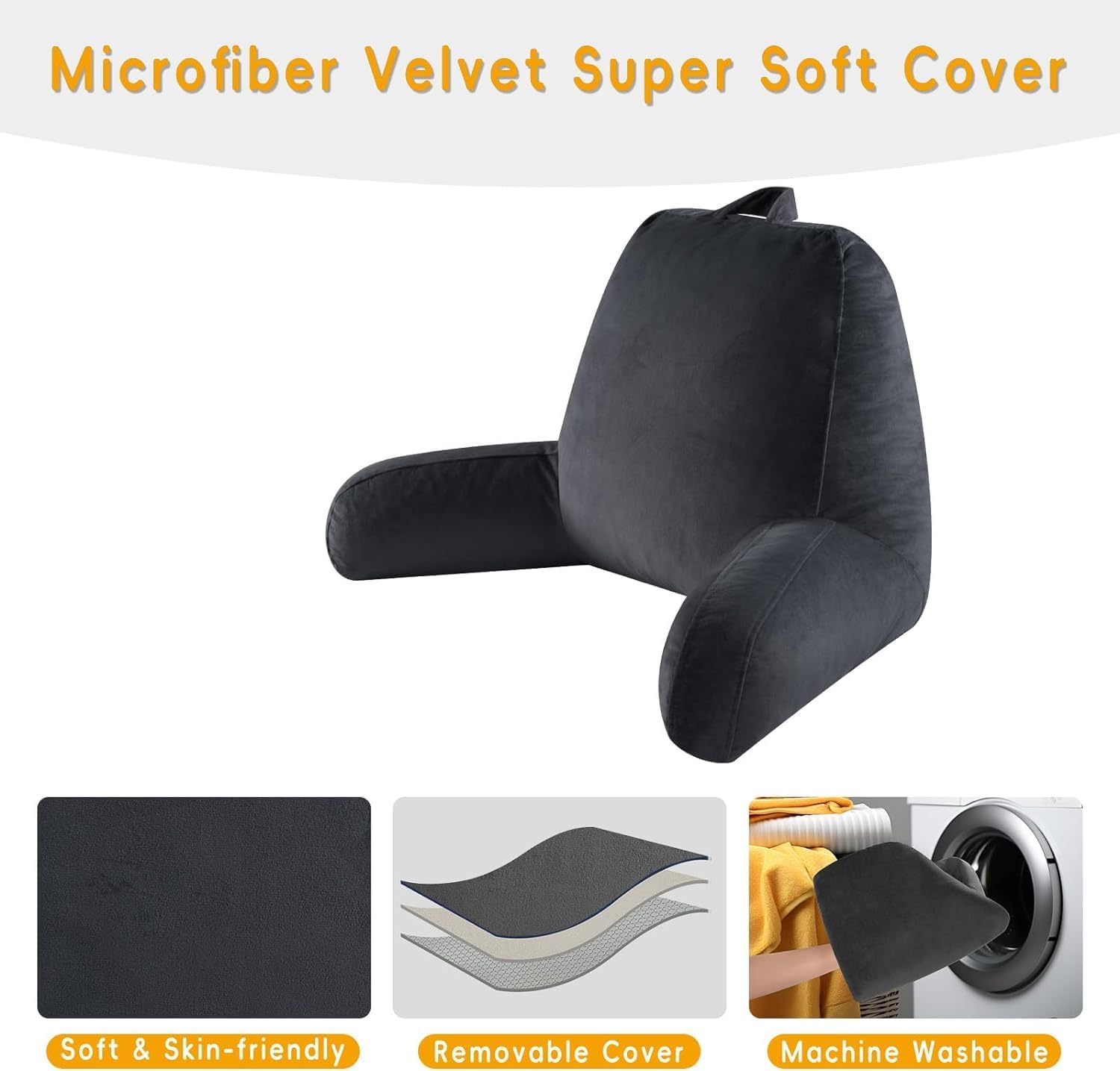 Reading Pillow for Sitting in Bed Adult, Reading Pillow with Shredded Memory Foam, Bed Pillow with Washable Cover, Back Pillow Sitting Up with Extend Arms, Black, Large