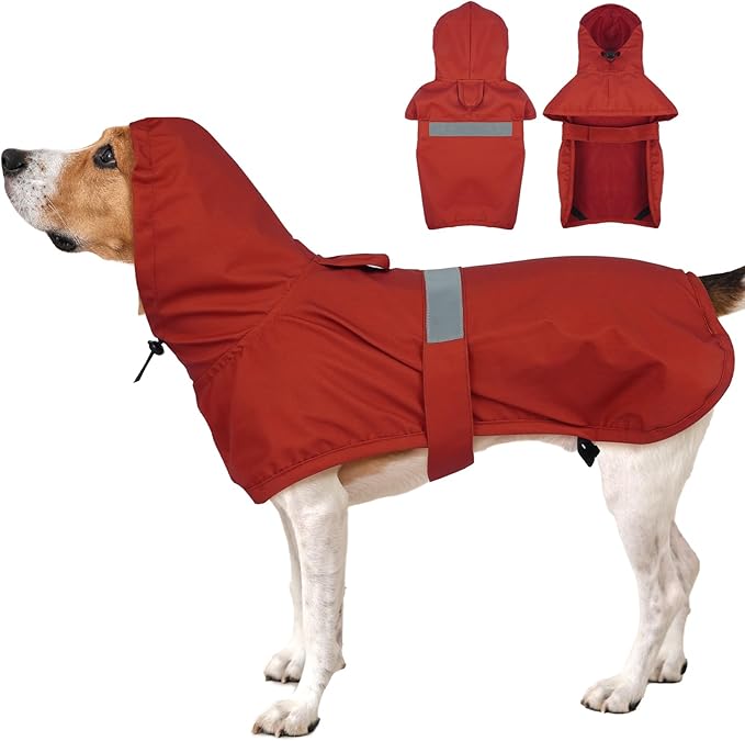 MIGOHI Dog Raincoat, Adjustable Large Dog Raincoat | Easy-On Hook & Loop Belly Straps, Adjustable Hind Leg Straps Dogs Rain Jacket, Machine Washable, Red, L