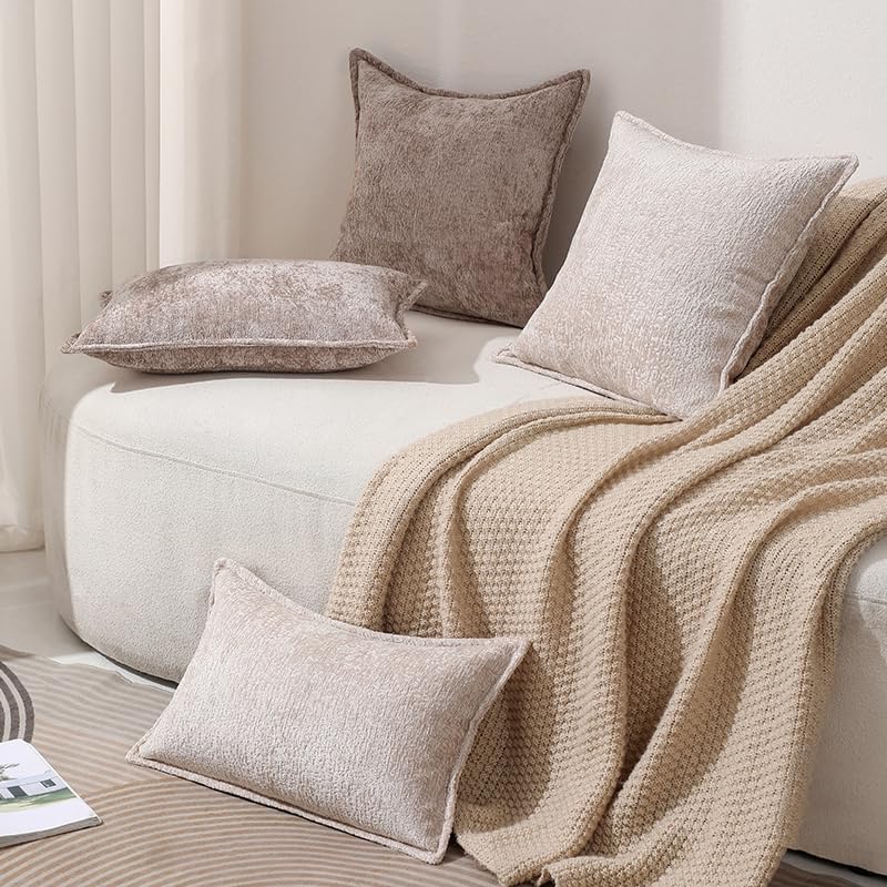 Pack of 2 Tan Decorative Throw Pillow Covers 12x20 Cozy Soft Chenille Accent Vintage Rectangular Lumbar Couch Pillow Covers for Home Decor Bed Sofa Living Room