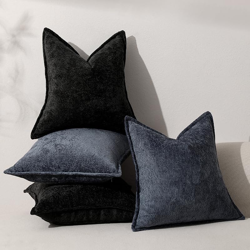 Pack of 2 Black Decorative Throw Pillow Covers 18x18 Cozy Soft Chenille Accent Vintage Square Couch Pillow Covers for Home Decor Bed Sofa Living Room