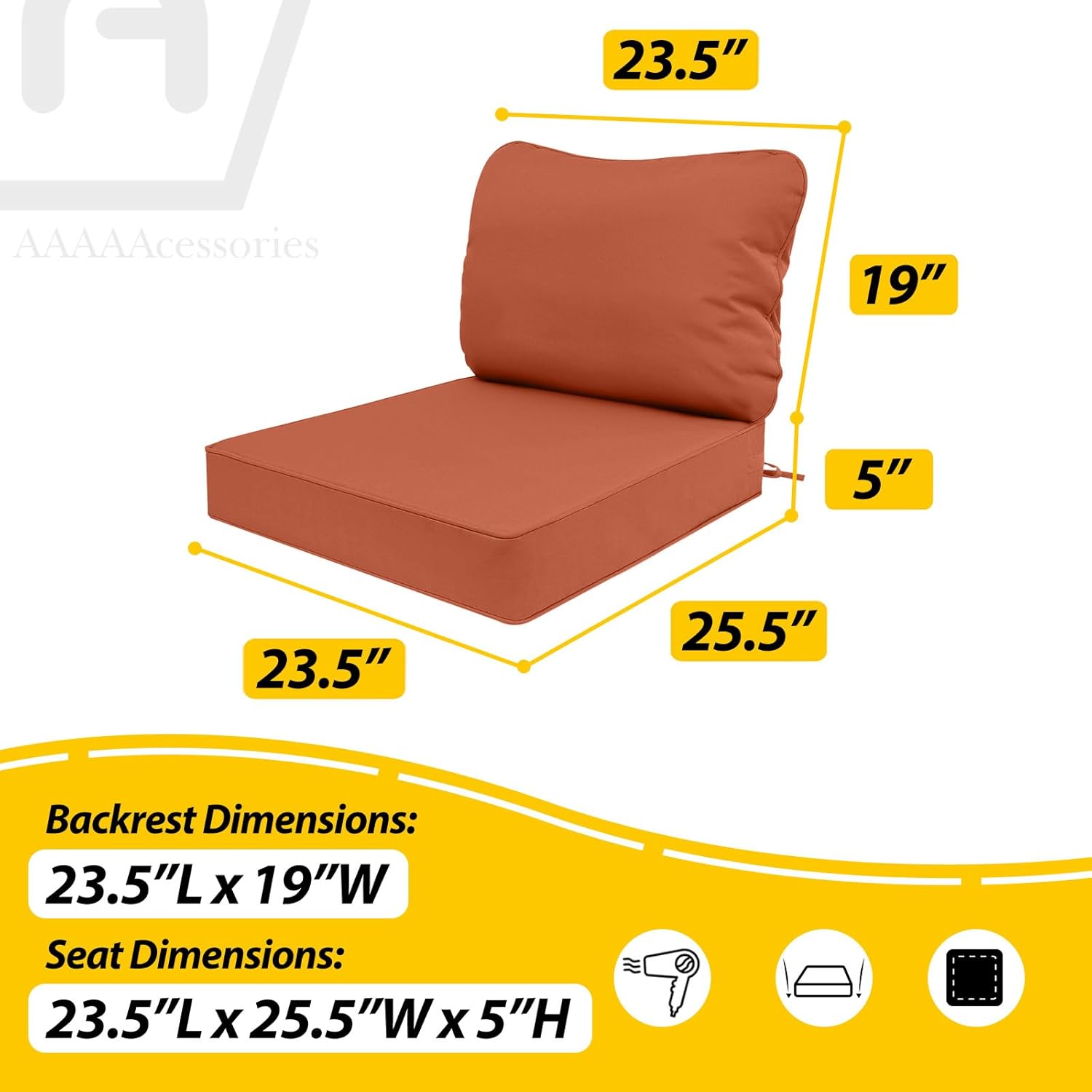 AAAAAcessories Outdoor Deep Seat Cushions, Waterproof, Fade-Resistant Patio Furniture Replacement Cushions, 23.5" x 25.5" x 5" + 23.5" x 19", Rust
