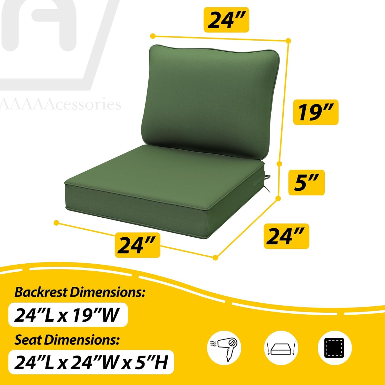 AAAAAcessories Outdoor Deep Seat Cushions, Waterproof, Fade-Resistant Patio Furniture Replacement Cushions, 24" x 24" x 5", Dark Moss Green