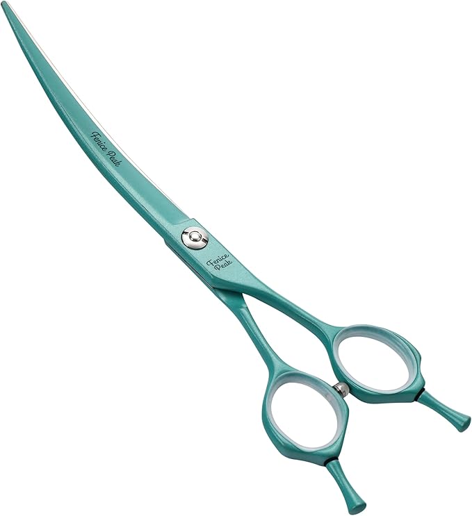 Fenice Peak Curved Dog Grooming Scissors with Green Color Coating 440C Stainless Steel Pet Grooming Bending Shears Sharp and Durable Comfortable Engonomic Handle