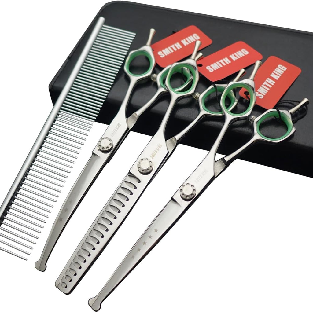 7 inches Safe Dog Grooming Scissors Set with Round Tip,Straight & Thinning & Curved Shears Set with comb for Dog & Cat Grooming (Green 3 in 1 with comb)