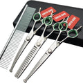 7 inches Safe Dog Grooming Scissors Set with Round Tip,Straight & Thinning & Curved Shears Set with comb for Dog & Cat Grooming (Green 3 in 1 with comb)