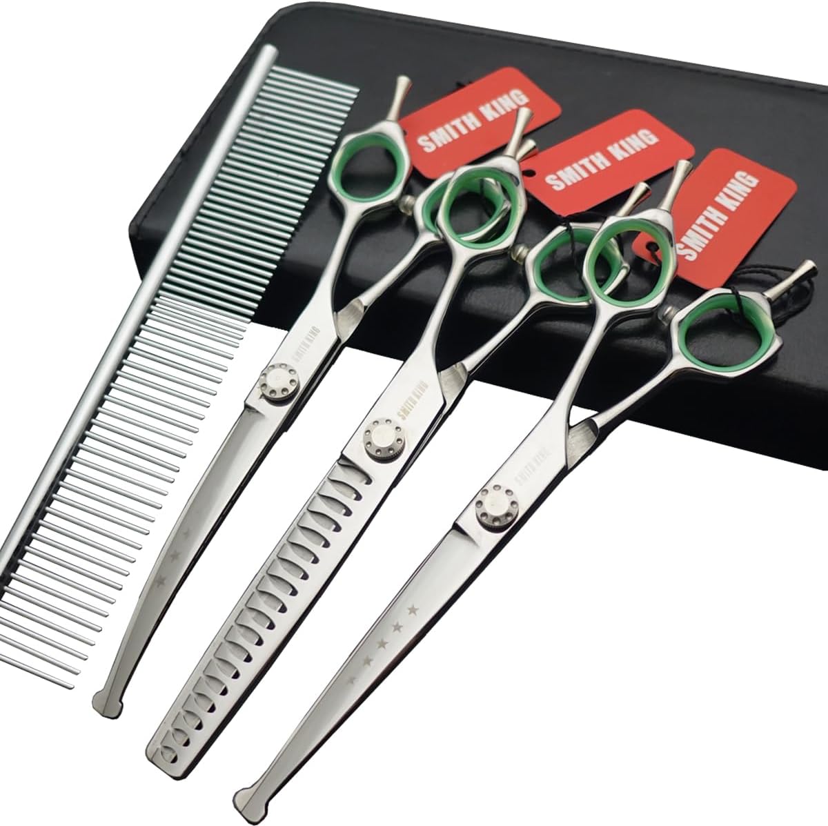 7 inches Safe Dog Grooming Scissors Set with Round Tip,Straight & Thinning & Curved Shears Set with comb for Dog & Cat Grooming (Green 3 in 1 with comb)