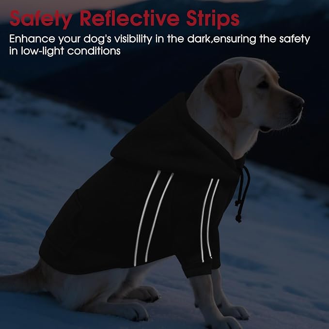 ASENKU Cozy Dog Hoodie，Soft Sweater with Adjustable Hood, Back Pocket and Leash Access Hole，Warm Reflective Sweatshirt for Cold Weather（Black，3XL