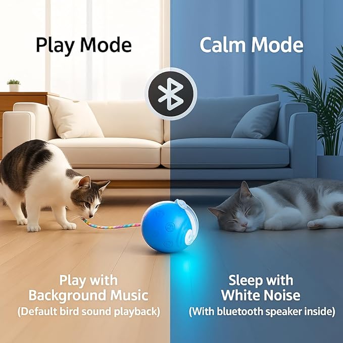 Interactive Cat Ball Toy, Automatic Self-Rolling, Motion-Activated, 3 Replaceable Teaser Wand Tails, Food-Grade TPU-Reinforced, Built-In Bluetooth Speaker with Preloaded Bird Sounds/Optional Music