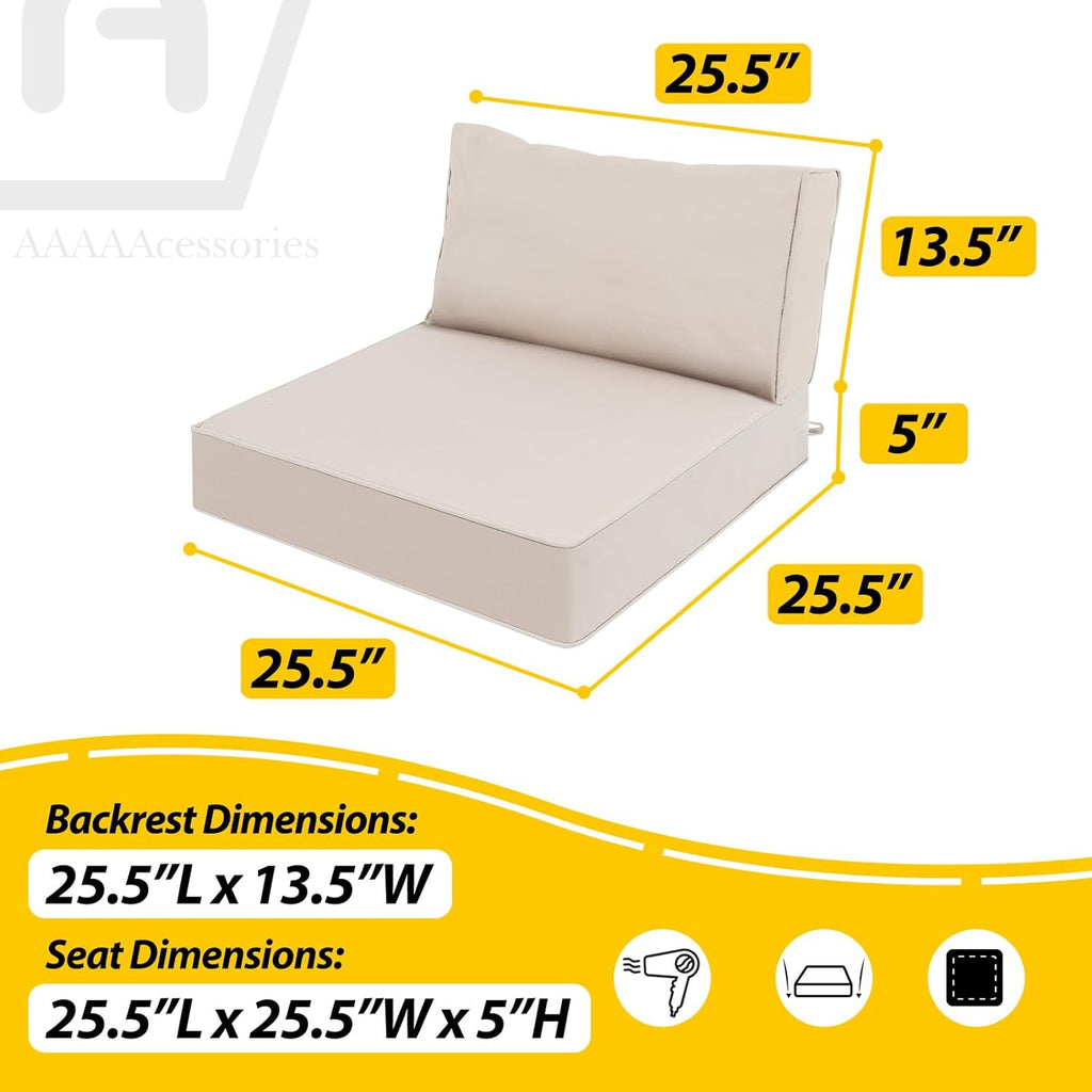 AAAAAcessories Outdoor Deep Seat Cushions, Waterproof, Fade-Resistant Patio Furniture Replacement Cushions, 25.5" x 25.5" x 5" + 25.5" x 13.5", Khaki Beige
