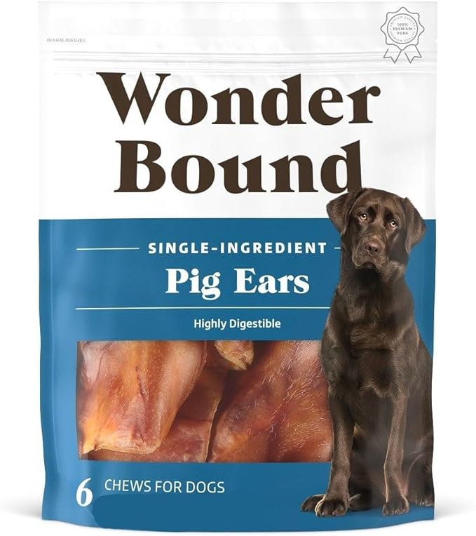 Amazon Brand – Wonder Bound Whole Pig Ears Dog Treats, Pork, 6 ounce, 6 Count (Pack of 1)
