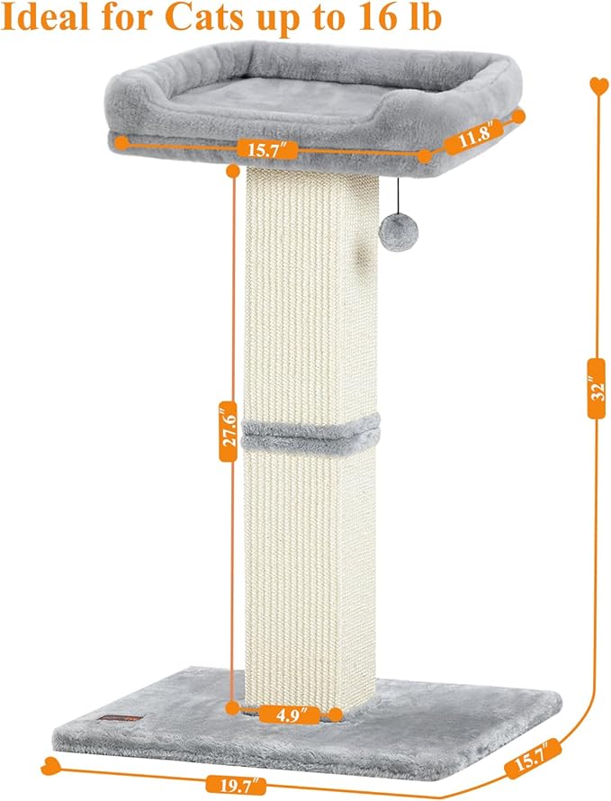 32" Cat Scratching Post for Indoor Cats, Sisal Cat Scratcher with Plush Perch, Large Scratch Post with Bed, Removable Cover, Sisal Fabric,Light Grey