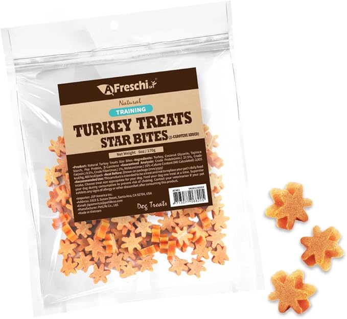 AFreschi Natural Turkey Treats Star Bites –6 oz, Hexagonal Shape, USA-Sourced Trukey, All-Natural, Hypoallergenic, Low-Fat, Healthy & Easily Digestible, Puppy & Training Snack & Small Dogs