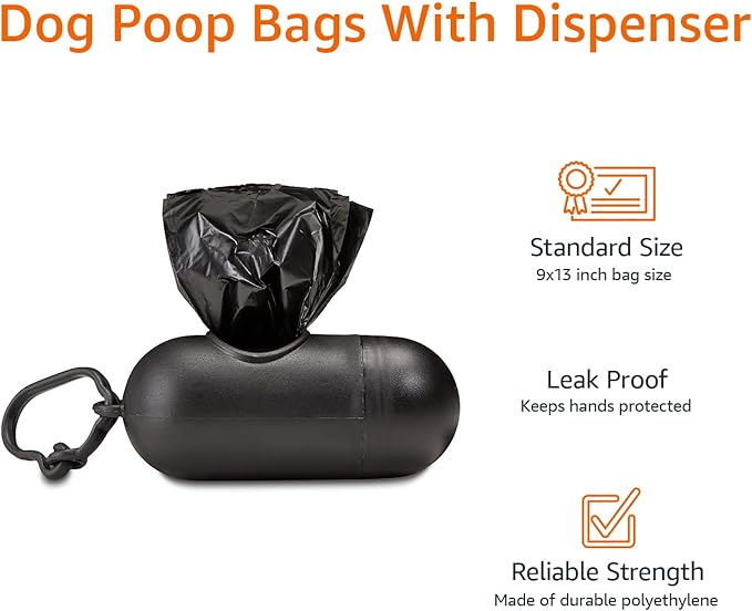 Amazon Basics Dog Poop Bags with Dispenser, 600 Count, Enhanced for Guaranteed Leakproof, Unscented, Includes Leash Clip