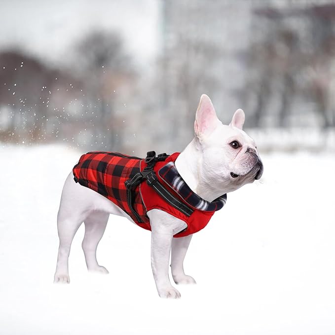 Dog Coat with Harness,Small Dog Winter Coat,Doggie Jackets with Built in Harness,Adjustable Warm Jacket for Medium Large Dogs,Pet Puppy Cold Weather Coats for Dogs Waterproof (PlaidRed, X-Large)