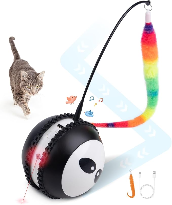 Pet Prime Interactive Cat Toy Motion Activated Cat Laser Toy Automatic Self Moving Ball with Bird Chirping,Rechargeable Exercise Stimulation Toys for Bored Black