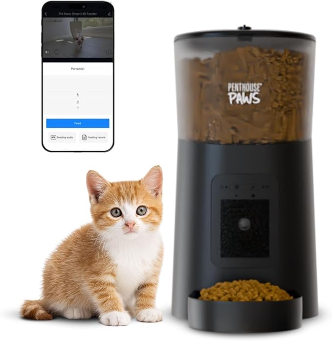 Smart HD Automatic Cat Feeder with 1080P Camera & Night Vision, 2-Way Audio, WiFi App Control, Anti-Jam 6L Cat Feeder with Backup Power, Easy to Clean, Schedules Up to 15 Meals for Cat & Dog, Black
