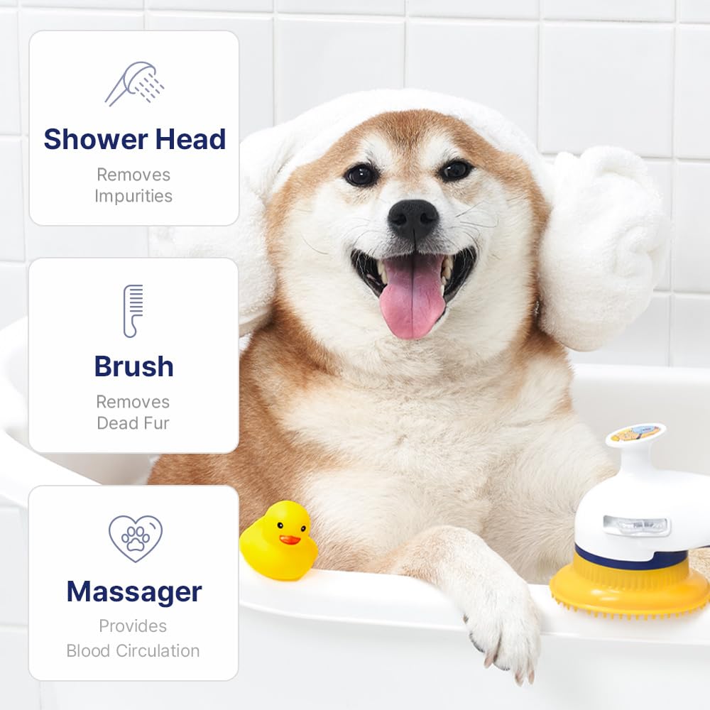 [PETHROOM] Pet Relaxing Grooming Brush Scrubber Shower Wash Head Attachment for Dogs and Cats Spa Washing and Bathing | Dog Cat Hair Deshedding Splash Shield | Massage Rubber Bath Tool