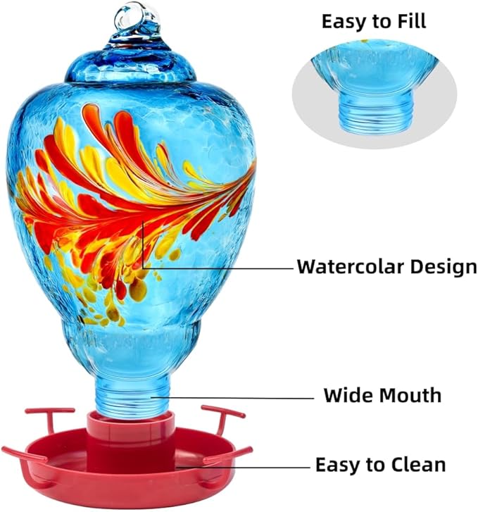 Colorful Glass Wild Bird Waterer 32 Oz Bird Water Feeder for Outdoors Garden Outside Water Cooler Tree Yard Decoration (Blue)