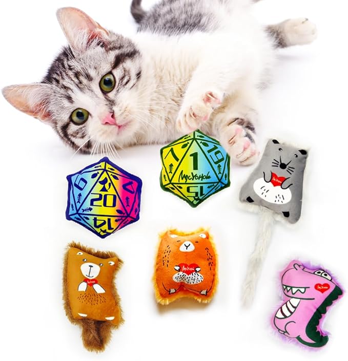 Cat Toys Catnip Toys Soft Plush Catmint Interactive Cat Kicker Toys with Crinkle Sound for Indoor Kitten (4+2 Happy Critters and Magic Dice)