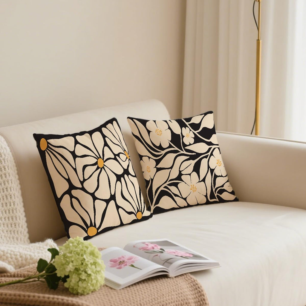 2 Pcs Boho Black And Beige Floral Pillow Covers, Botanical Neutral Plant Decorative Throw Pillow Cover, Abstract Bohemian Flower Plant for Couch Sofa Bed Bedroom Living Room Office Home Decor