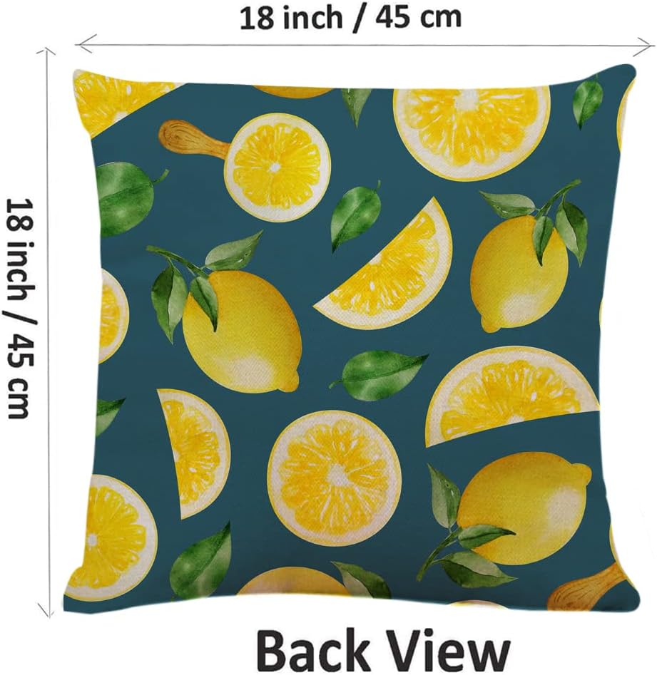 Decorative Square Throw Pillow Covers Lemons Mint Leafs Dark Blue Couch Sofa Bed Pillow Covers Cushion Cases 18x18 inch