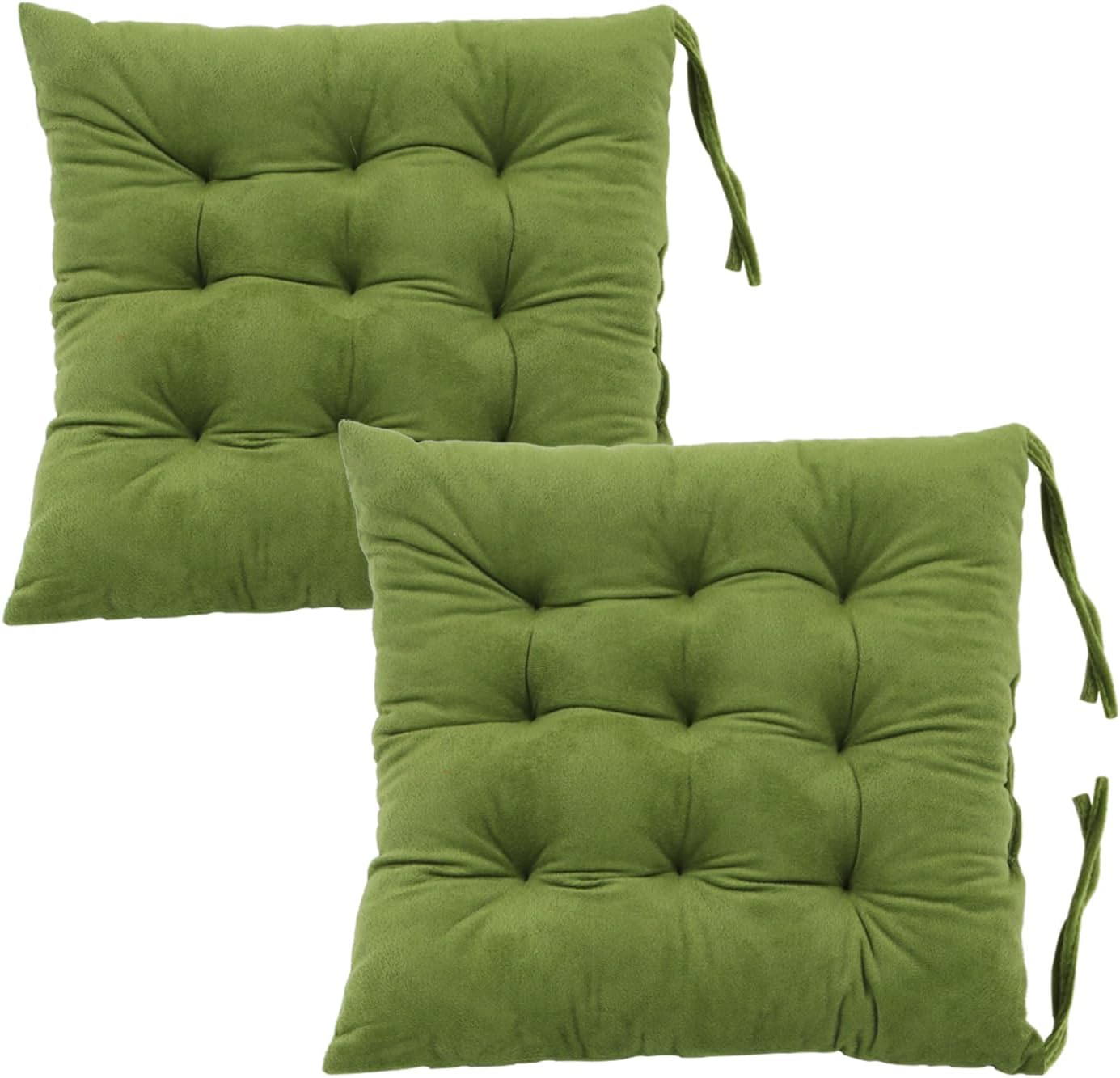 2 Pack Square Seat Cushion Chair Pads for Kitchen Dining Chairs, Soft Comfort Velvet Chair Mat Pillow Cushions with Ties for Office Desk Living Room Tatami 15.5", Green