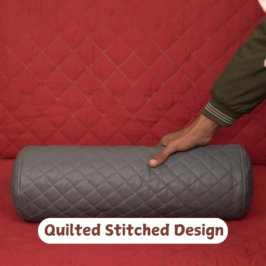 Neck Roll Pillow Cushion Cover, 14x7 Inch Full Moon Round Bolster Pillow Case, Cylinder Soft Lambskin Leather Pillowcase for Head, Spine & Neck Support During Sleep - Quilted Grey Pack of 1