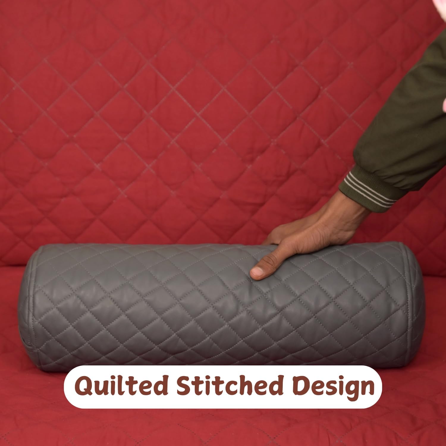 Neck Roll Pillow Cushion Cover, 16x5 Inch Full Moon Round Bolster Pillow Case, Cylinder Soft Lambskin Leather Pillowcase for Head, Spine & Neck Support During Sleep - Quilted Grey Pack of 1