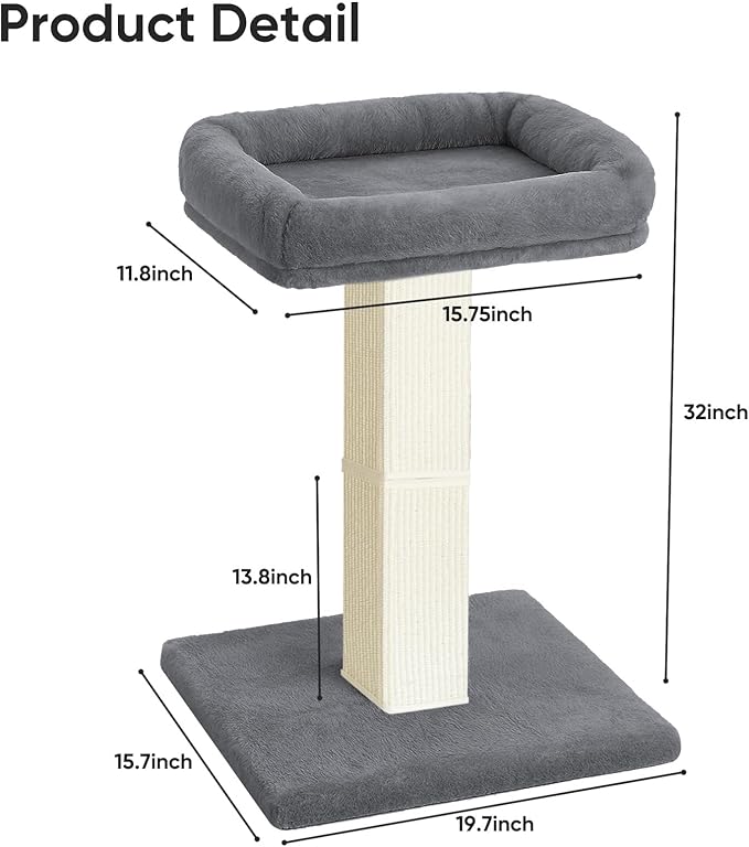 AGYM Cat Scratching Post, 32”Cat Scratcher with Large Plush Perch, Sisal & Carpet Scratching Post, Vertical Posts with Elevated Bed for Indoor Cats, Removable& Washable Cover, Grey