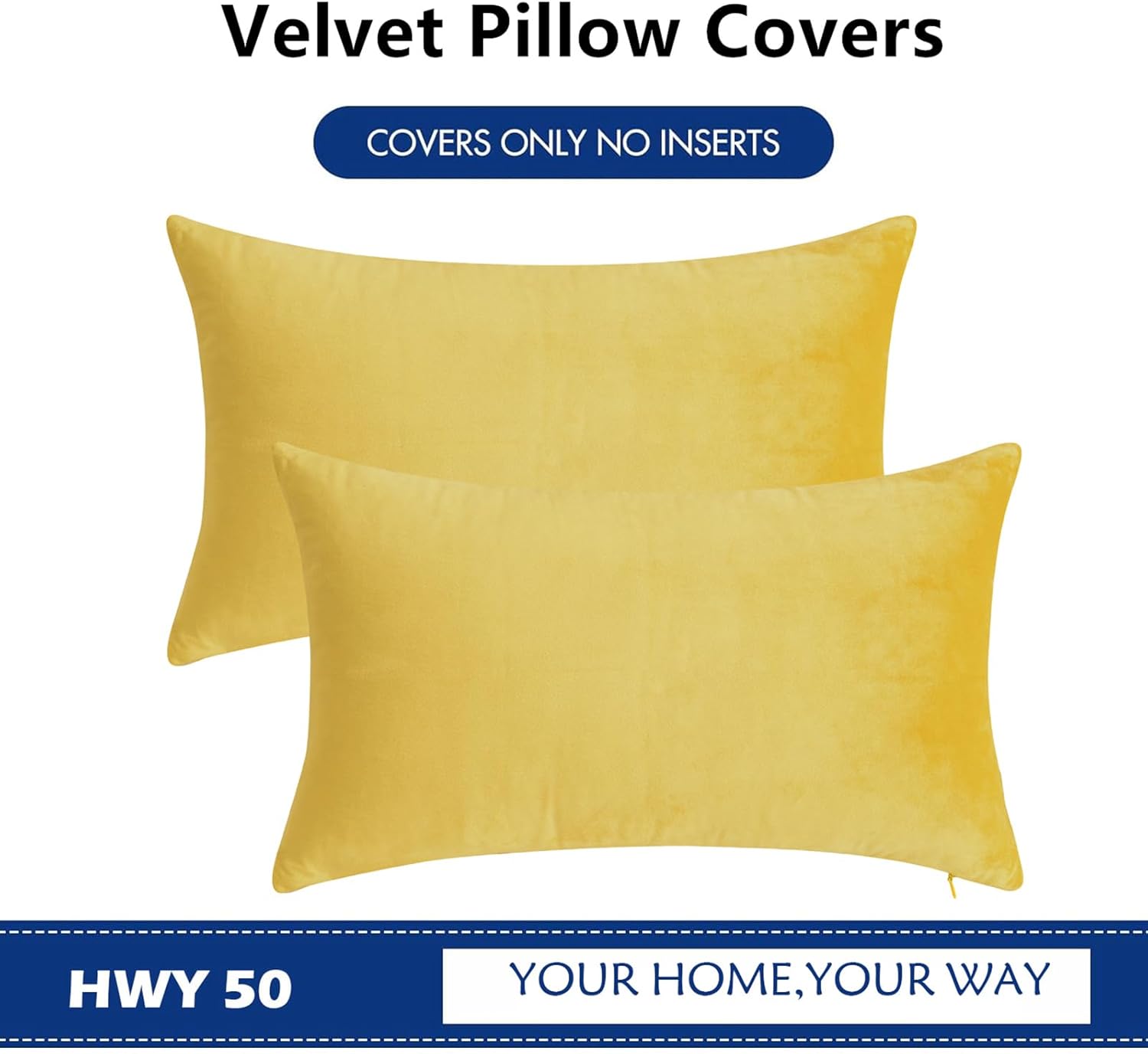 HWY 50 Yellow Velvet Rectangular Throw Pillow Covers 12x20 Inch, Pack of 2 Soft Cozy Solid Decorative Luxury Cushion Cases for Couch Sofa Bed Living Room Bedroom